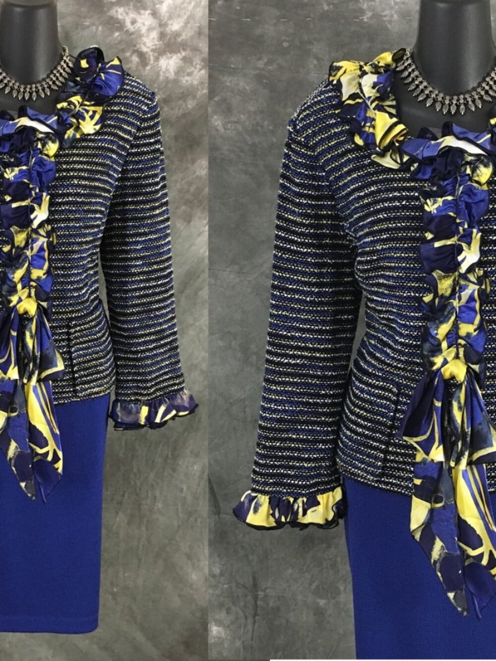 BEAUTIFUL St John collection knit Blue black multi jacket skirt suit size 14